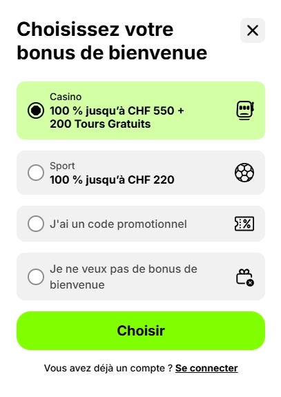 Spinit Casino choix du bonus de bienvenue avec offres casino et sport